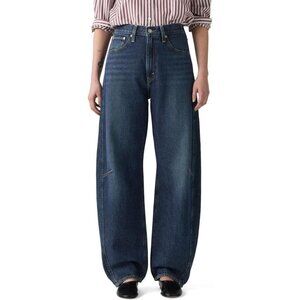 Womens Barrel Jeans Cotton High Waist Tapered Loose Fit Zipper Closure